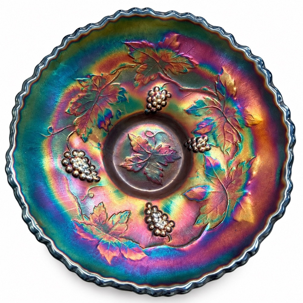 Vintage Cobalt Blue Carnival Glass Grape Leaf Ruffled Bowl Iridescent 6 inch